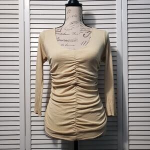 Michael Stars Ruched Shimmer Top Women's OSFM Gold Metallic 3/4 Sleeve Stretch